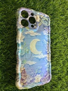 Stylish Moon & Floral Blue Phone Case - iPhone 13 Pro Max